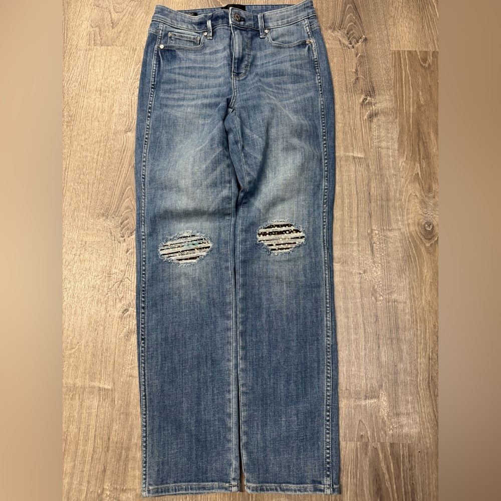 White House Black Market High Rise Jeans Womens 2L Sequin Distressed Blue Denim